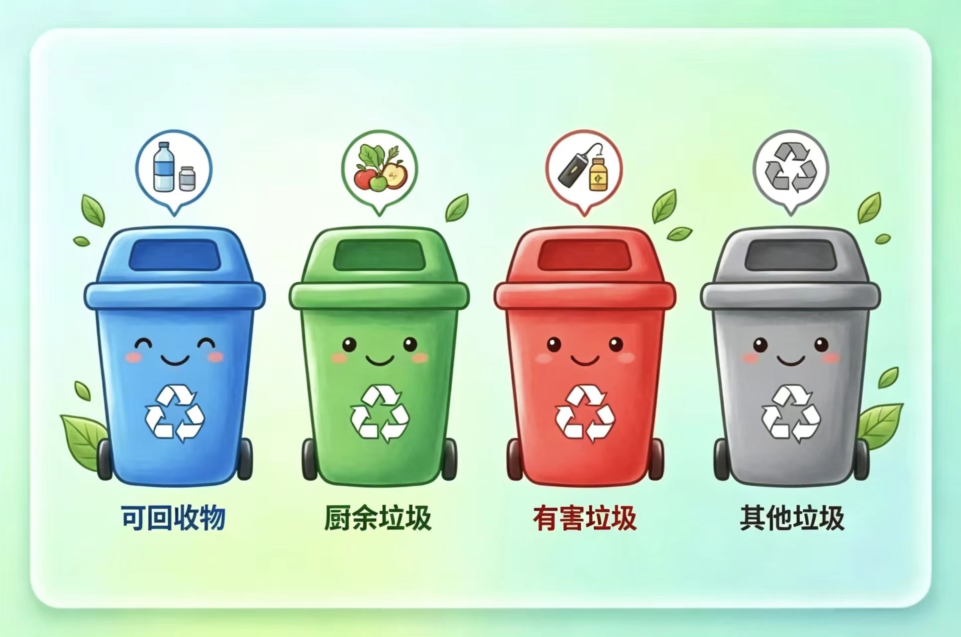 四色分类垃圾桶卡通插画